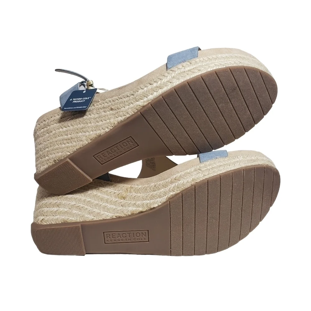 Reaction Kenneth Cole Card Sailboat Blue T-Strap Espadrille Wedge Sandal Sz 9M